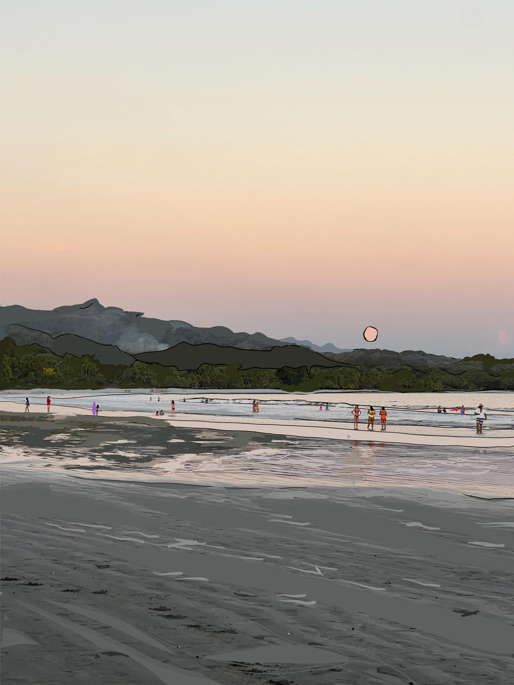 Costa Rica fine art print of a beach at sunset with mountains