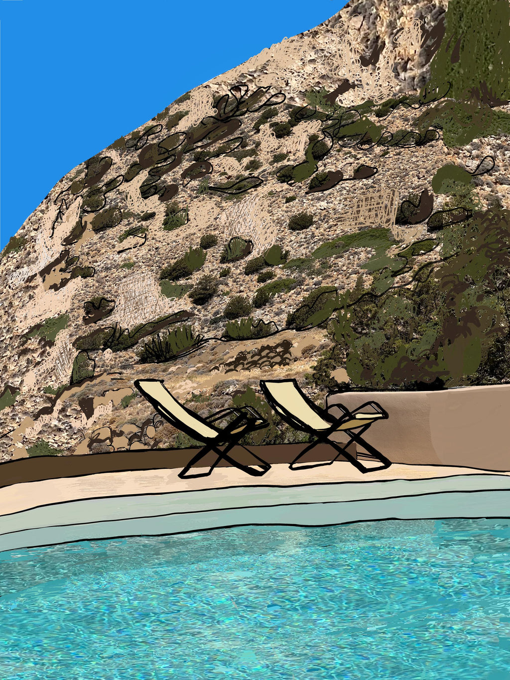 Sifnos Chairs fine art print of lounge chairs by a cliffside pool