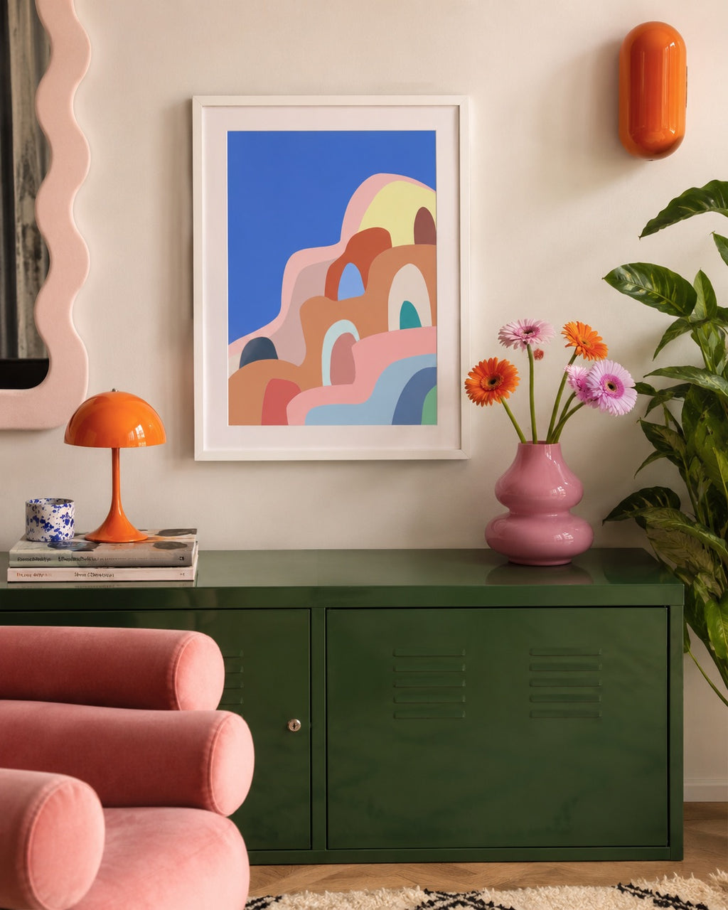 a3 Framed Santorini Blue print of colourful arches and domes on a wall